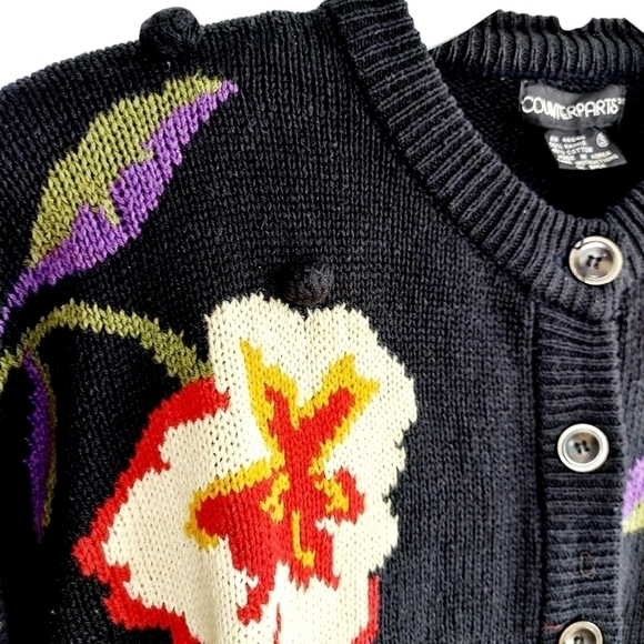 Vintage Cardigan Sweater Floral Bobbled Cable Knit Shoulder Pads Navy Cotton Y2K - Picture 4 of 16